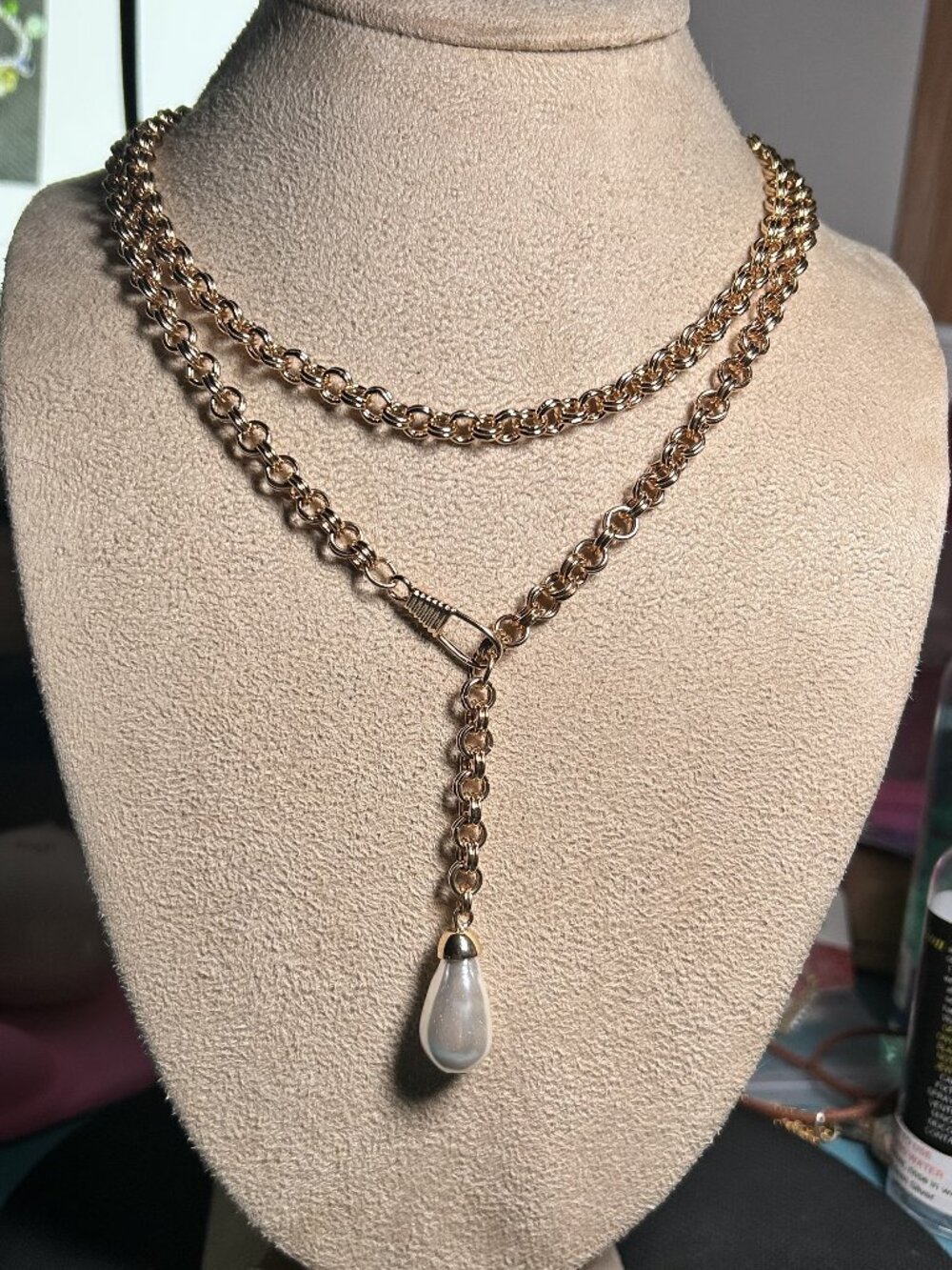 NWT A New Day Gold Tone Layered Chain Faux Pearl Drop Y-Necklace
